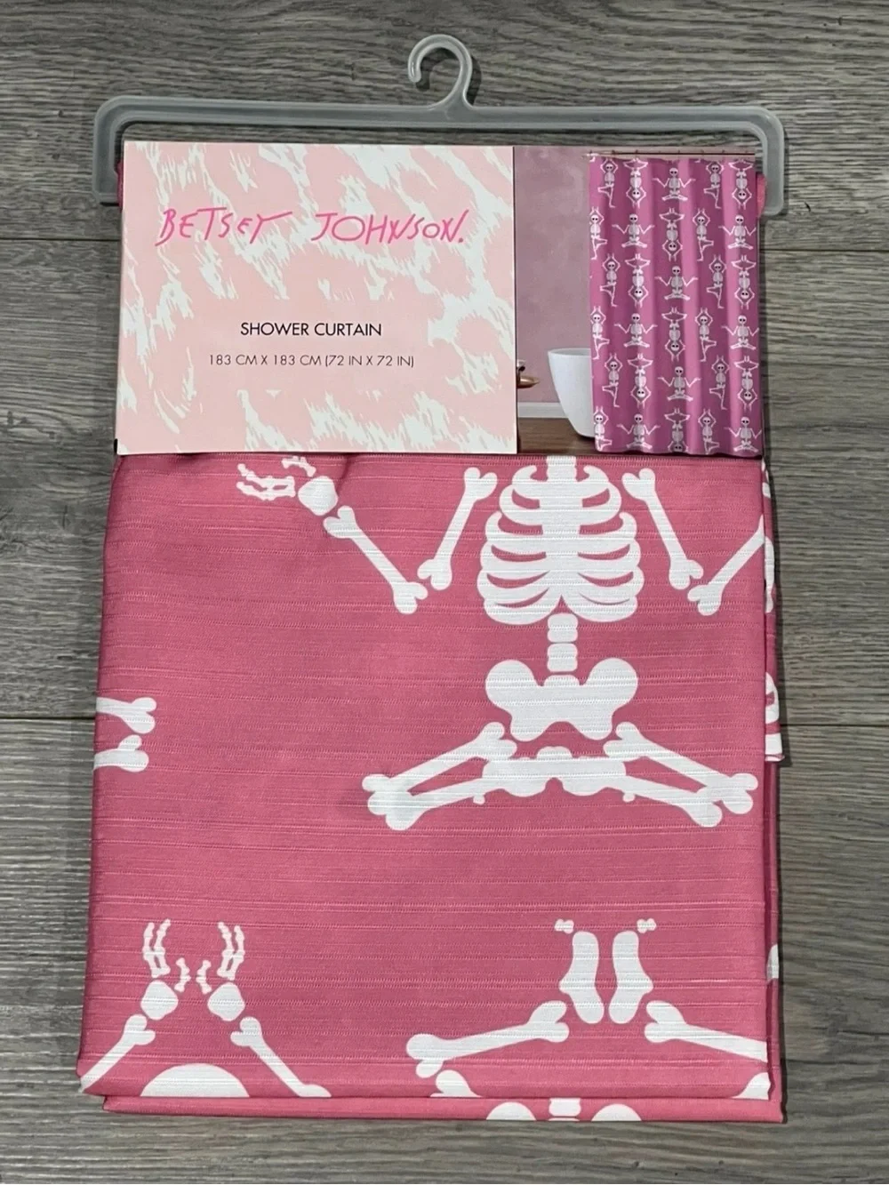 BETSEY JOHNSON Pink Yoga Skeleton Fabric Shower Curtain 72x72 Skull Halloween